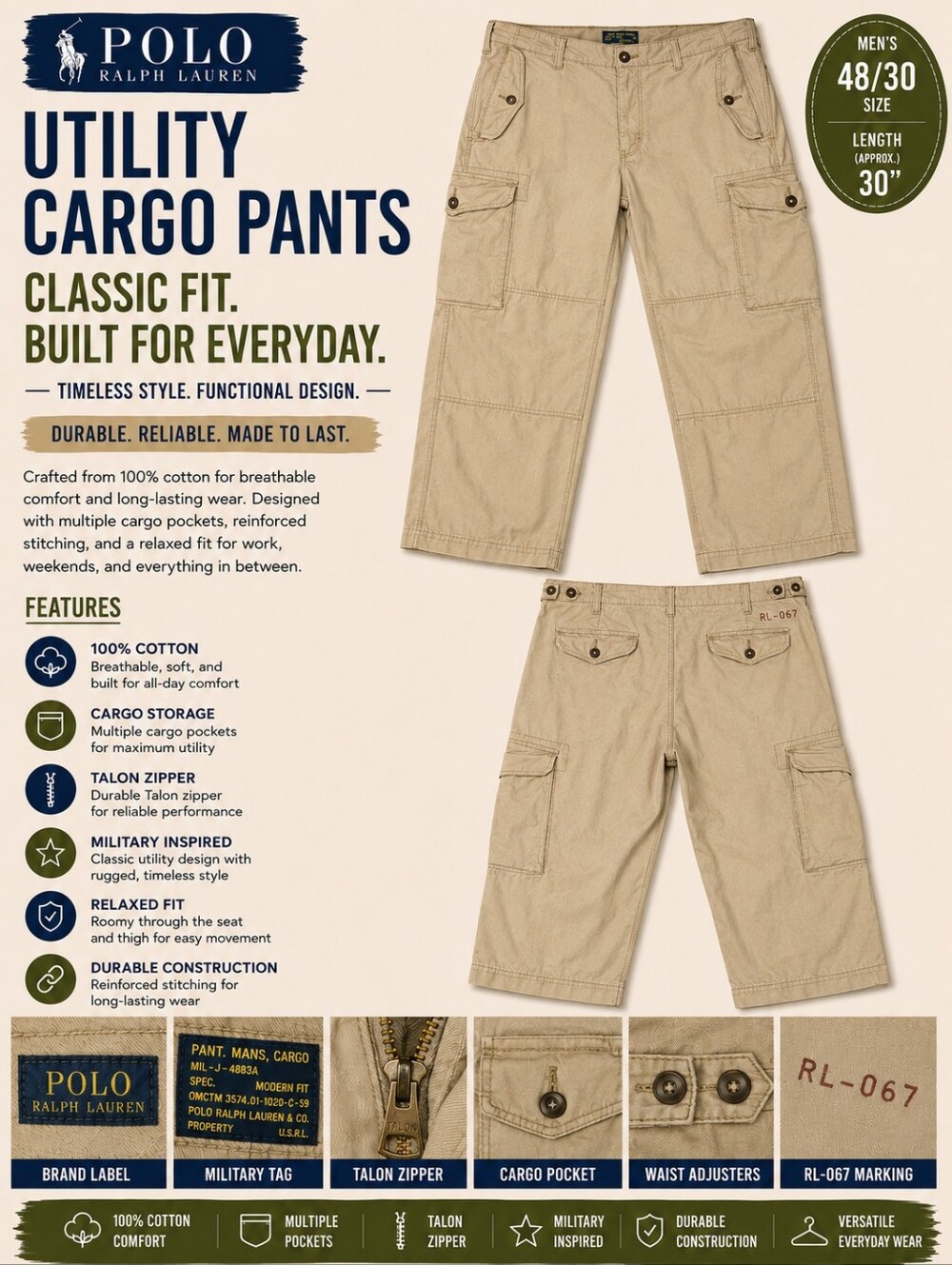 Y2K Polo by Ralph Lauren Khaki Cargo Pants with Utility Pockets